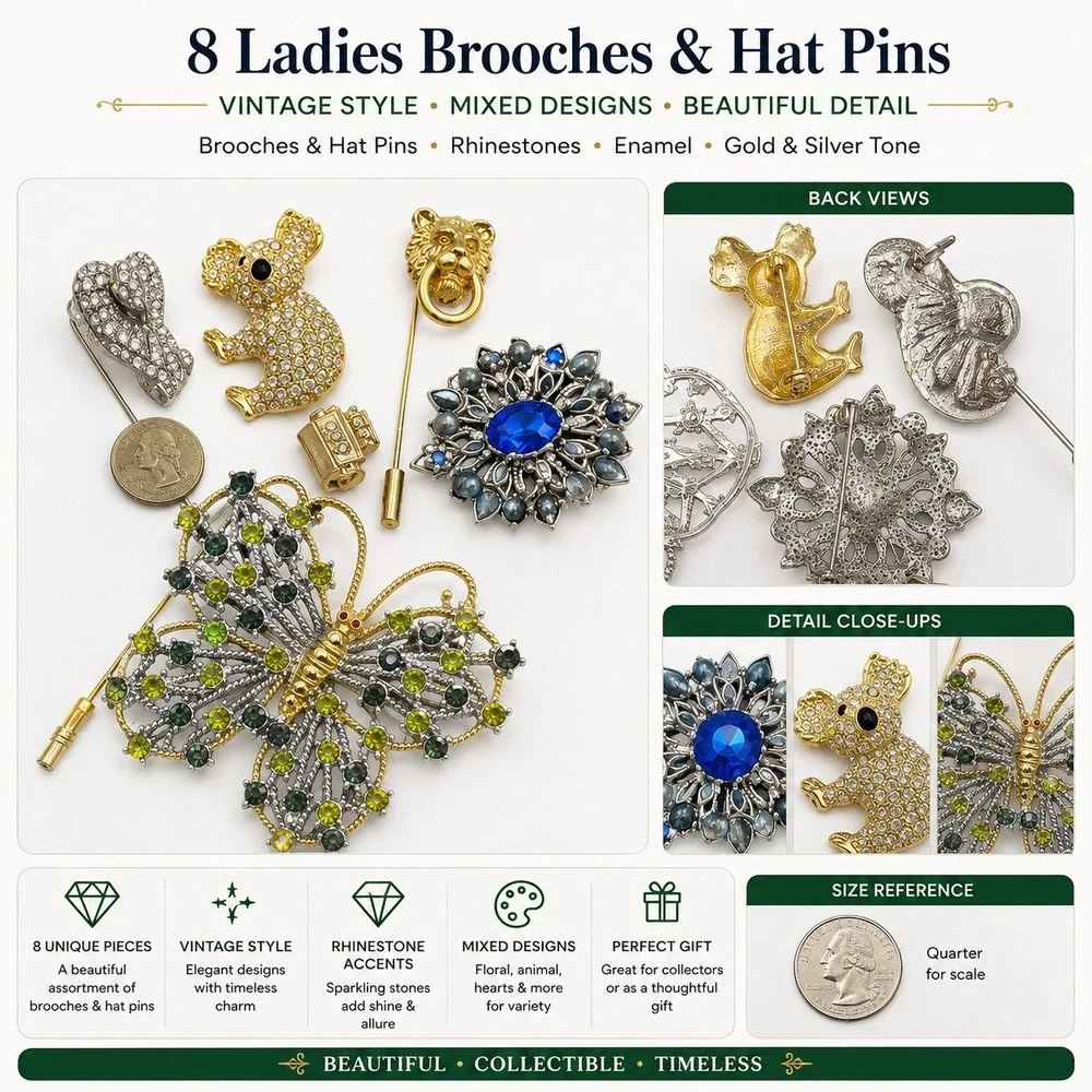 8pc Vintage Style Brooches & Hat Pins Lot Rhinestone Butterfly Koala Lion‎ Libra